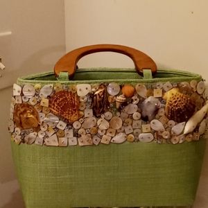 Lime green "Sealife" Straw/ shells Handbag.
